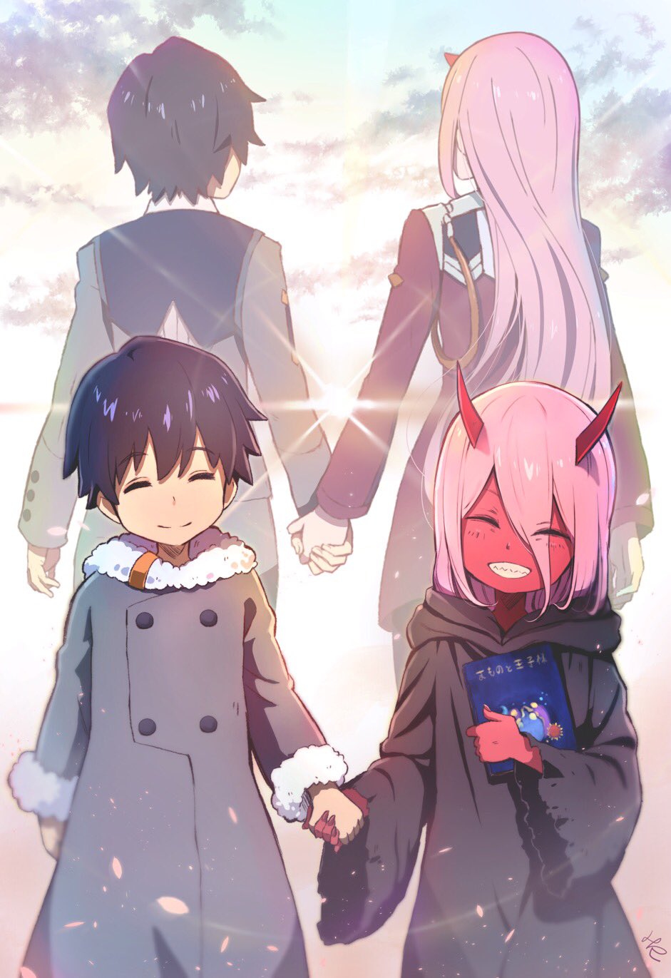 1boy 1girl ^_^ bad_id bad_pixiv_id book coat commentary couple darling_in_the_franxx dual_persona eyebrows_visible_through_hair eyes_closed fingernails fur_trim grey_coat grin hair_between_eyes hand_holding happy highres hiro_(darling_in_the_franxx) holding holding_book hoshizaki_reita long_hair long_sleeves oni oni_horns picture_book pink_hair purple_hair red_horns red_skin revision robe sharp_fingernails sharp_teeth signature smile spoilers standing teeth winter_clothes winter_coat younger zero_two_(darling_in_the_franxx)