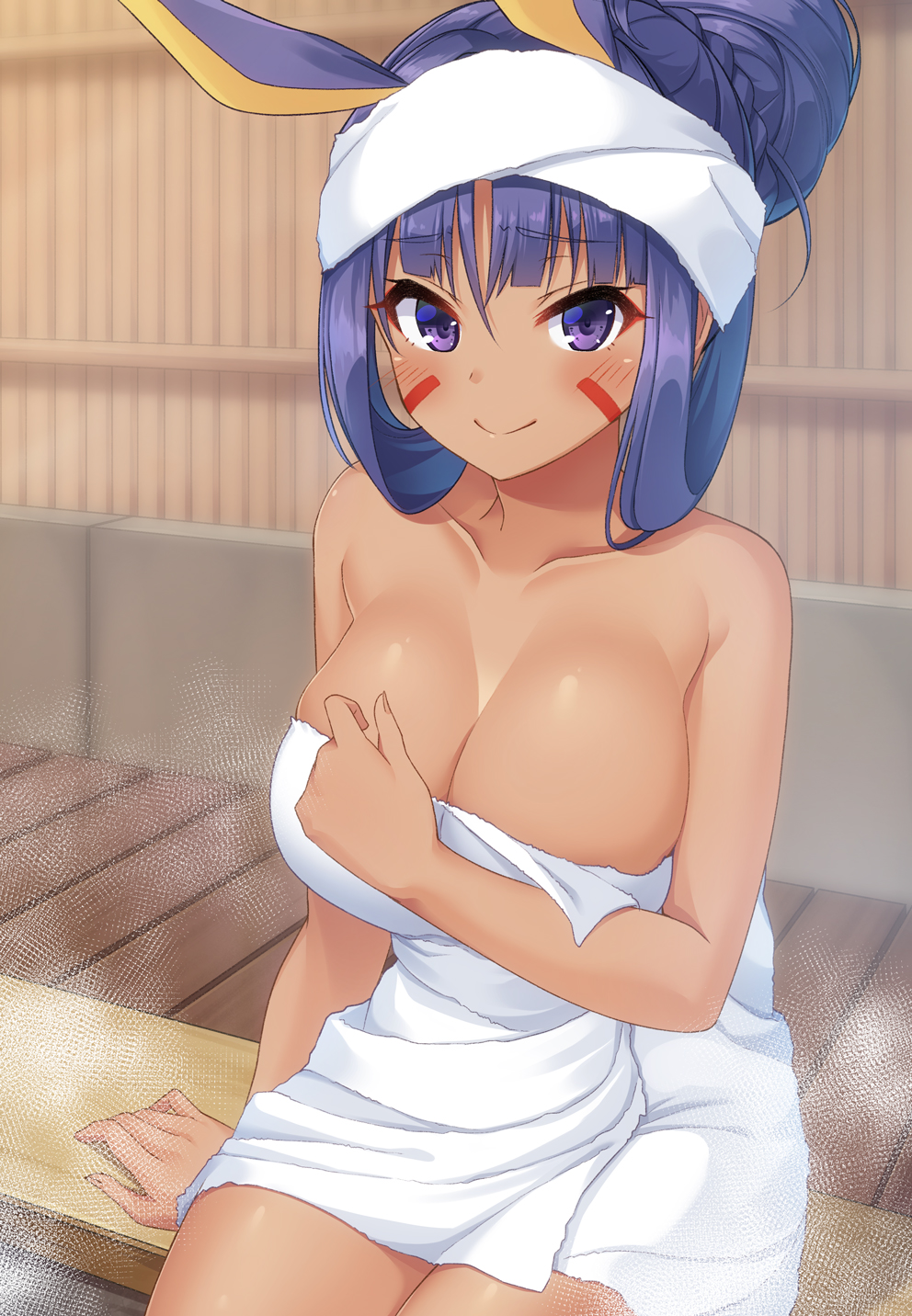 animal_ears bangs bare_shoulders bath blush braid breasts cleavage closed_mouth collarbone commentary_request dark_skin earrings eyebrows_visible_through_hair eyeliner facepaint facial_mark fate/grand_order fate_(series) french_braid hair_bun hand_on_own_chest highres jackal_ears jewelry large_breasts long_hair looking_at_viewer makeup nanasea74 nitocris_(fate/grand_order) onsen purple_eyes purple_hair sidelocks sitting smile solo steam thighs towel towel_on_head very_long_hair