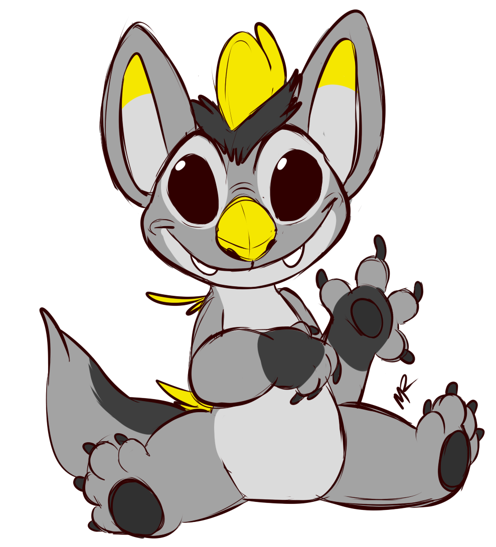 2016 4_fingers 4_toes alien black_claws black_pawpads claws colored_sketch digital_drawing_(artwork) digital_media_(artwork) disney experiment_(species) fan_character fangs fur grey_fur lilo_and_stitch looking_at_viewer murcat ovni pawpads signature sitting smile solo toe_claws toes waving yellow_nose