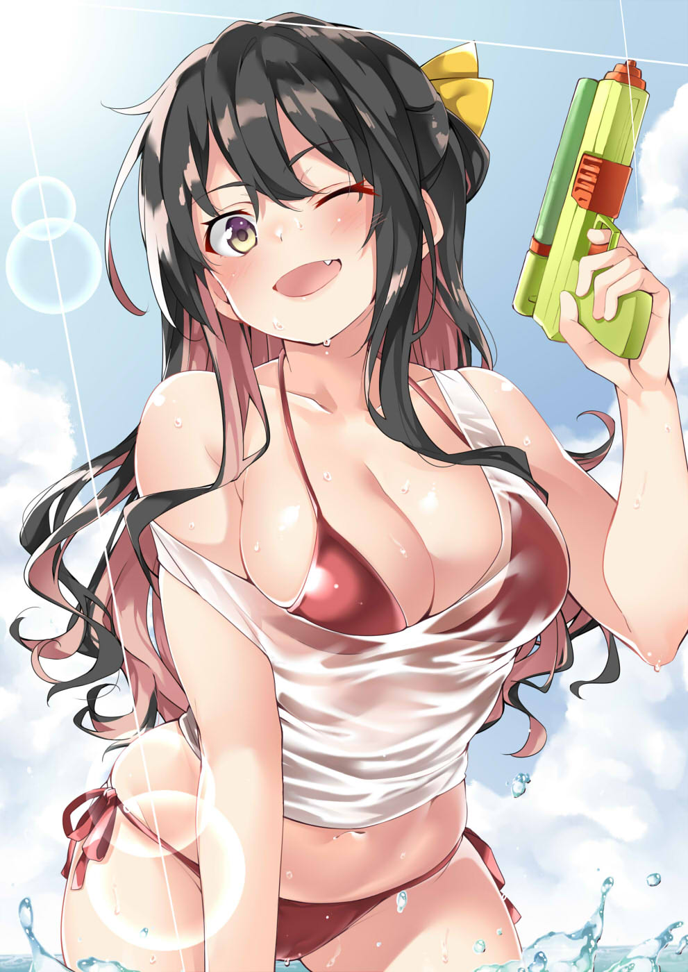 ;d beach bikini bikini_bottom bikini_top black_hair breasts commentary day ebifurya fang hair_ribbon highres kantai_collection large_breasts long_hair looking_at_viewer multicolored_hair naganami_(kantai_collection) ocean one_eye_closed open_mouth pink_hair ribbon smile string_bikini sunlight swimsuit two-tone_hair water water_gun wavy_hair yellow_eyes