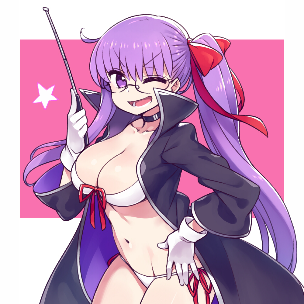:d ;d bangs bb_(fate)_(all) bb_(fate/extra_ccc) bikini black_choker black_coat breasts chan_co choker cleavage collarbone eyebrows_visible_through_hair fate/grand_order fate_(series) front-tie_bikini front-tie_top glasses gloves hair_ribbon hand_on_hip hand_up large_breasts long_coat long_hair long_sleeves looking_at_viewer navel one_eye_closed open_mouth pointer popped_collar purple_coat purple_eyes purple_hair red_ribbon ribbon rimless_eyewear side-tie_bikini side_ponytail simple_background smile solo star swimsuit v-shaped_eyebrows very_long_hair white_bikini white_gloves
