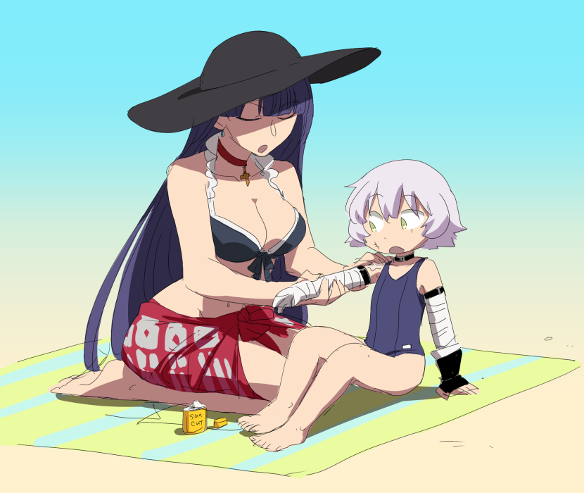 :o asaya_minoru bandaged_arm bandages bangs bare_arms bare_legs bare_shoulders barefoot beach bikini_top black_bikini_top black_gloves black_hat blanket blue_sky blue_swimsuit blunt_bangs breasts cleavage closed_eyes collarbone day eyebrows_visible_through_hair facial_scar fate/grand_order fate_(series) fingerless_gloves gloves green_eyes hair_between_eyes hat jack_the_ripper_(fate/apocrypha) long_hair lotion medium_breasts multiple_girls navel one-piece_swimsuit open_mouth outdoors purple_hair red_sarong saint_martha saint_martha_(swimsuit_ruler)_(fate) sand sarong scar scar_across_eye scar_on_cheek school_swimsuit seiza short_hair single_glove sitting sky sun_hat sunscreen swimsuit v-shaped_eyebrows very_long_hair