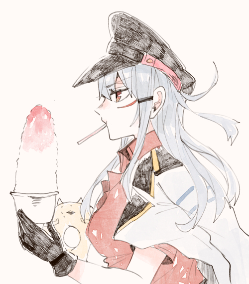 bad_id bad_tumblr_id black_gloves breasts enemy_lifebuoy_(kantai_collection) eyebrows_visible_through_hair facial_scar food from_side gangut_(kantai_collection) gloves grey_hair hair_between_eyes hair_ornament hairclip hat itomugi-kun jacket jacket_on_shoulders kantai_collection large_breasts long_hair military military_hat military_jacket military_uniform naval_uniform peaked_cap red_eyes red_shirt scar scar_on_cheek shaved_ice shinkaisei-kan shirt short_sleeves simple_background solo uniform white_background white_jacket