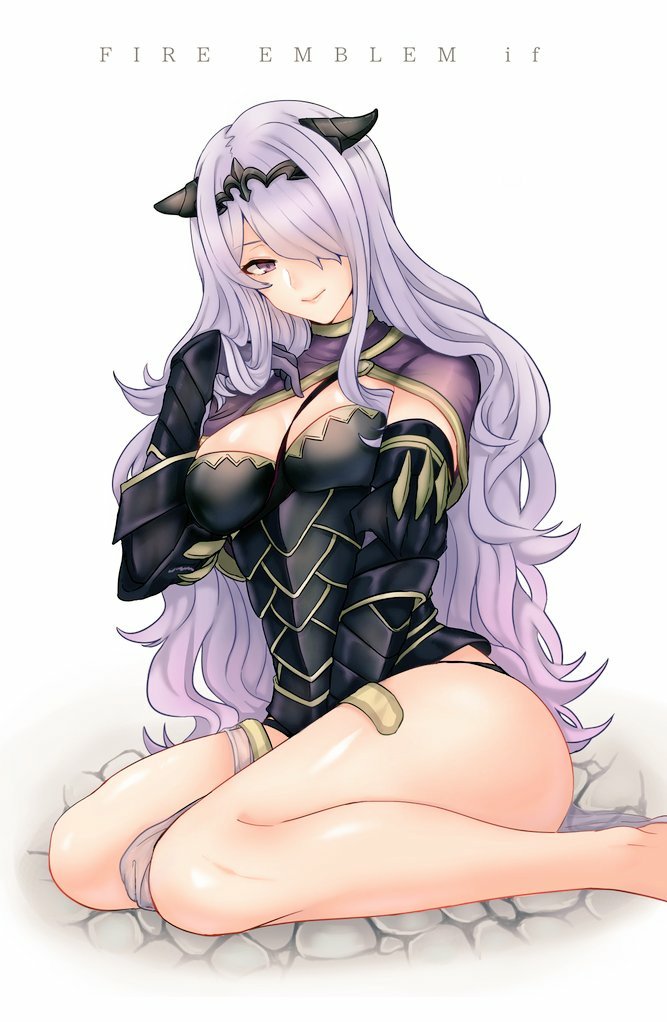 akina_(akn_646) armor between_breasts black_armor breasts camilla_(fire_emblem_if) commentary_request copyright_name fire_emblem fire_emblem_if gloves hair_over_one_eye horn_ornament long_hair purple_hair simple_background sitting smile solo tiara vambraces wavy_hair white_background