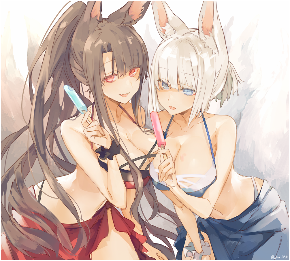 akagi_(azur_lane) alternate_costume animal_ear_fluff animal_ears azur_lane bangs bare_shoulders bikini blue_bikini blue_eyes blue_sarong blush breasts brown_hair cleavage collarbone commentary eyebrows_visible_through_hair fangs food fox_ears fox_tail hand_up holding holding_food kaga_(azur_lane) large_breasts leaning_forward long_hair looking_at_viewer mi_398 multiple_girls multiple_tails open_mouth ponytail popsicle red_bikini red_eyes red_sarong sarong scrunchie short_hair sidelocks smile swimsuit tail tongue tongue_out twitter_username white_hair wrist_scrunchie