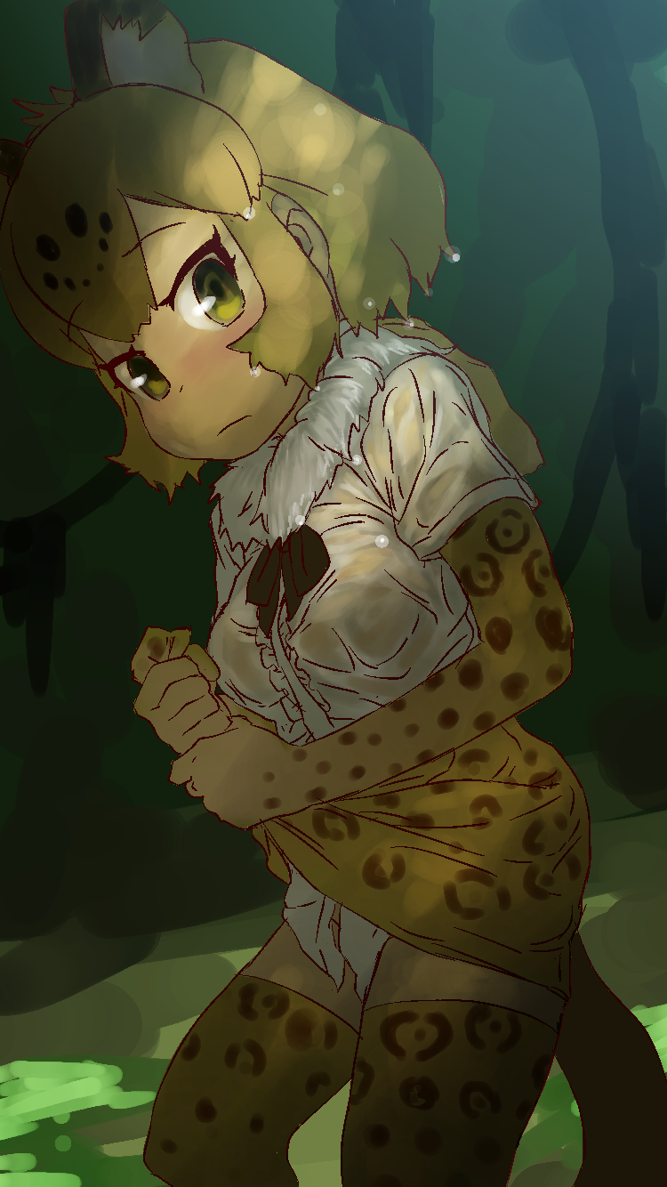 2017 5_fingers absolute_territory animal_humanoid biped blonde_hair blush bow_tie brown_hair brown_spots brown_tail cat_humanoid clothing digital_drawing_(artwork) digital_media_(artwork) dress_shirt dutch_angle feline feline_humanoid female frown fur green_background hair half-length_portrait hi_res holding_clothing humanoid humanoid_hands jaguar_(kemono_friends) jaguar_humanoid japanese kemono_friends legwear leopard_print light_skin lighting looking_away mammal masuyama_ryou_(artist) multicolored_hair neck_tuft portrait rosettes sheer_clothing shirt short_hair simple_background skirt solo spots spotted_hair standing tan_skin thigh_highs translucent transparent_clothing tuft two_tone_hair wet white_fur wringing yellow_eyes