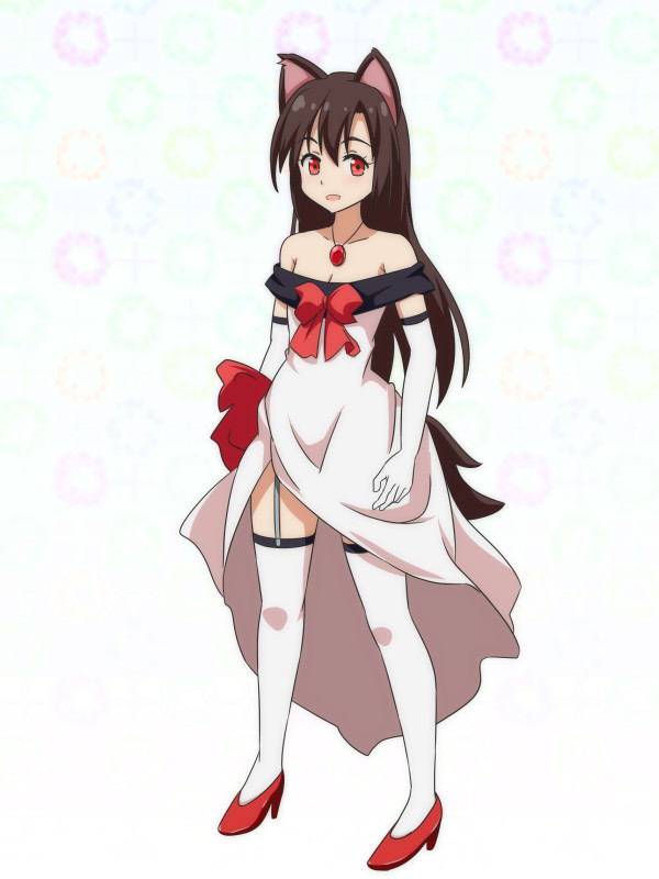 adapted_costume bare_shoulders breasts cato_(monocatienus) commentary_request dress elbow_gloves flower garter_straps gloves high_heels imaizumi_kagerou jewelry long_hair looking_at_viewer off-shoulder_dress off_shoulder pendant red_eyes red_footwear shoes solo strapless strapless_dress touhou white_background white_dress white_gloves white_legwear