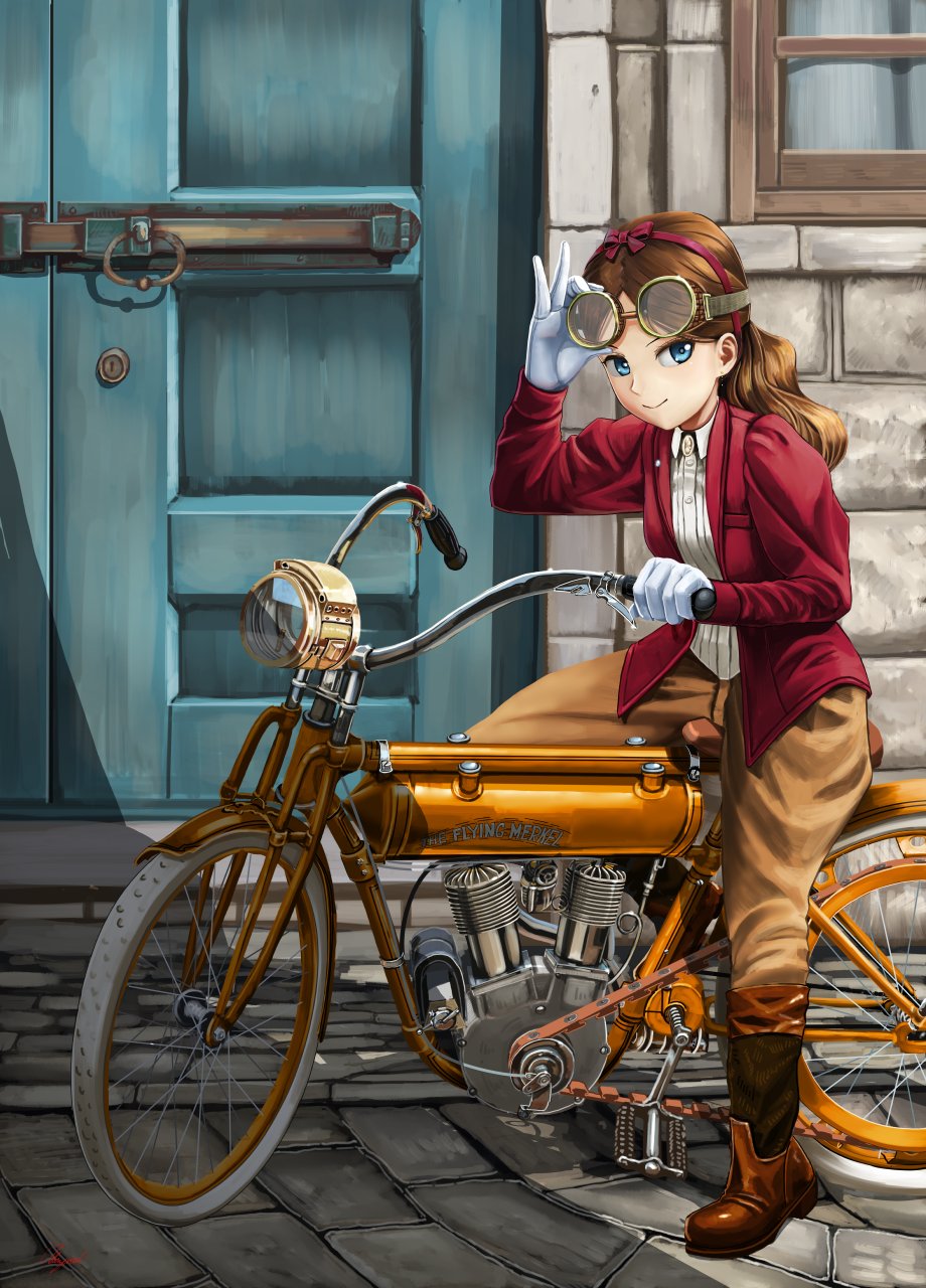 blouse blue_eyes boots brooch brown_footwear brown_hair brown_pants building collared_blouse flying_merkel gloves goggles goggles_on_head ground_vehicle hair_ribbon highres jacket jewelry long_hair motor_vehicle motorcycle old-fashioned original pants red_jacket red_ribbon ribbon riding shade sitting wavy_hair white_blouse white_gloves