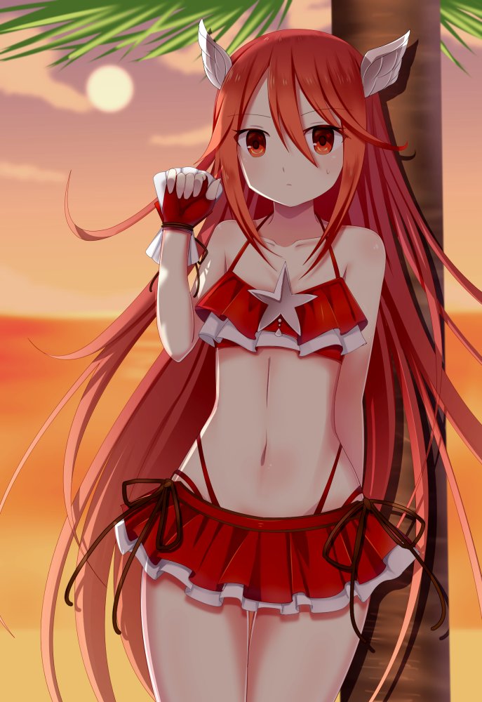 1girl bare_shoulders bikini bikini_lift cloud collarbone day eyebrows_visible_through_hair female fingerless_gloves fire_emblem fire_emblem:_kakusei fire_emblem_heroes gloves hair_ornament highres lifted_by_self long_hair looking_at_viewer matching_hair/eyes navel outdoors pool red_bikini red_eyes red_gloves red_hair shell shiny shiny_hair shiny_skin shy sky solo standing star sunset sweatdrop swimsuit tiamo winged_hair_ornament