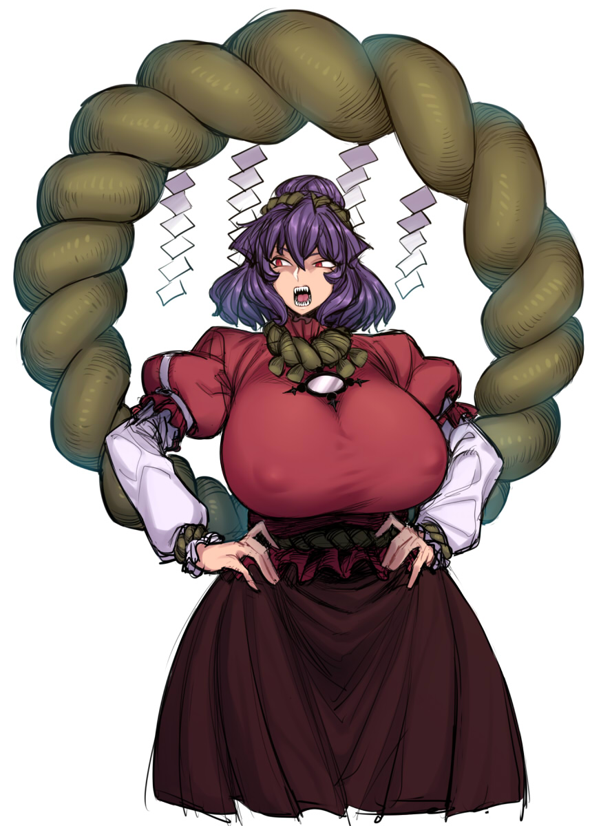 breasts covered_nipples cropped_legs hands_on_hips highres huge_breasts juliet_sleeves long_skirt long_sleeves mirror puffy_sleeves purple_hair red_eyes rope scrunchie sharp_teeth shide shimenawa shirt skirt solo space_jin taut_clothes taut_shirt teeth touhou white_background yasaka_kanako
