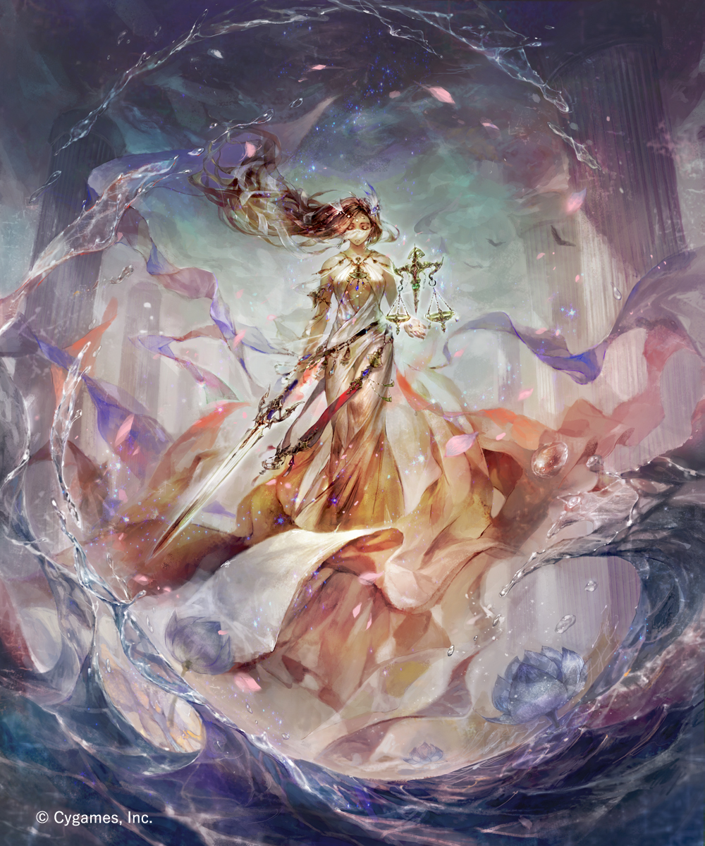 aloma breasts brown_hair cleavage closed_eyes column covered_mouth dress facing_viewer full_body highres holding holding_sword holding_weapon jewelry long_hair necklace official_art outdoors pillar shadowverse solo sword very_long_hair water watermark weapon weighing_scale white_dress