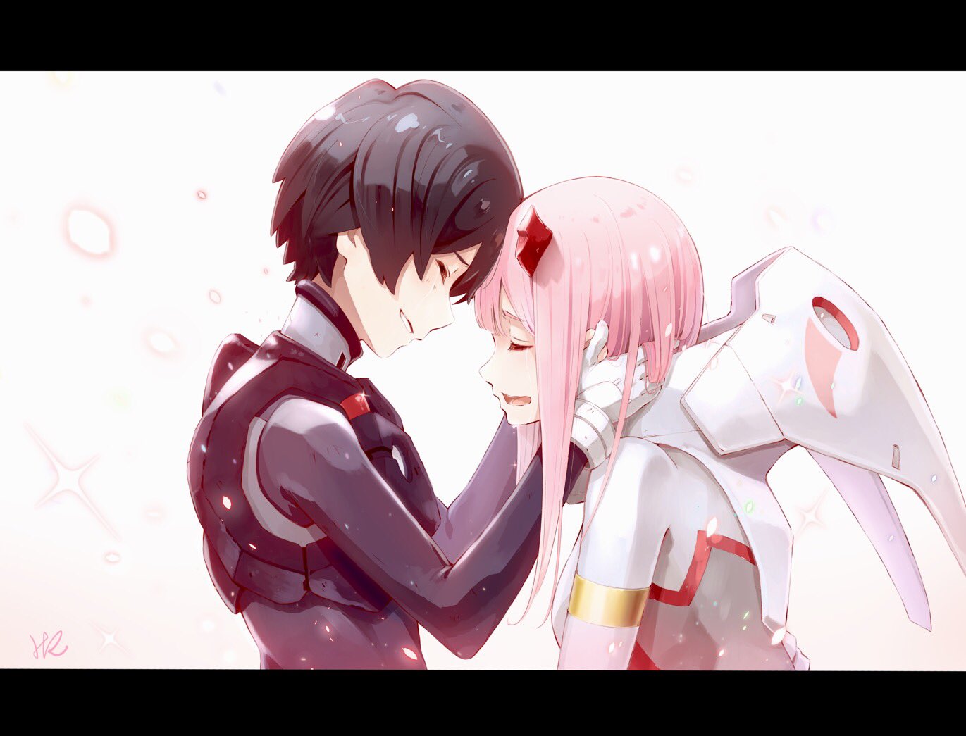 1boy 1girl bangs black_bodysuit black_hair blunt_bangs bodysuit broken_horn darling_in_the_franxx forehead-to-forehead from_side glint grin hands_on_another's_cheeks hands_on_another's_face hands_up highres hiro_(darling_in_the_franxx) horns hoshizaki_reita letterboxed long_hair open_mouth parted_lips petals pink_hair profile shiny shiny_hair signature smile sparkle upper_body white_bodysuit zero_two_(darling_in_the_franxx)