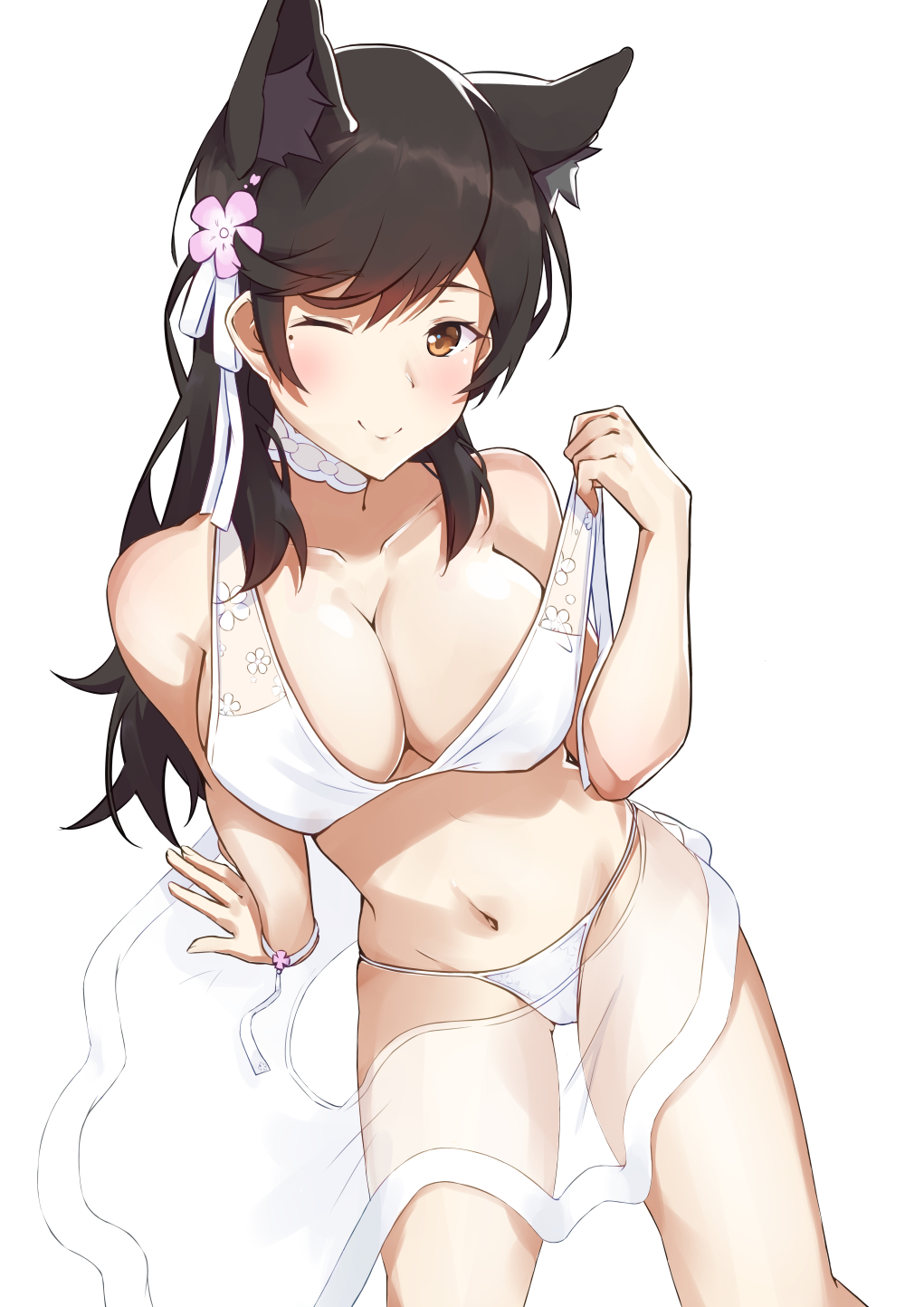 alternate_costume animal_ears arm_support atago_(azur_lane) azur_lane bangs bare_shoulders bikini bikini_tug black_hair blush bow breasts brown_eyes closed_mouth collarbone commentary extra_ears flower groin hair_bow hair_flower hair_ornament highres kusubii large_breasts leaning_back long_hair looking_at_viewer mole mole_under_eye navel one_eye_closed ponytail ribbon sarong see-through sidelocks simple_background sitting skindentation smile solo stomach swimsuit thighs untied untied_bikini very_long_hair white_background white_bikini white_bow white_sarong wrist_ribbon