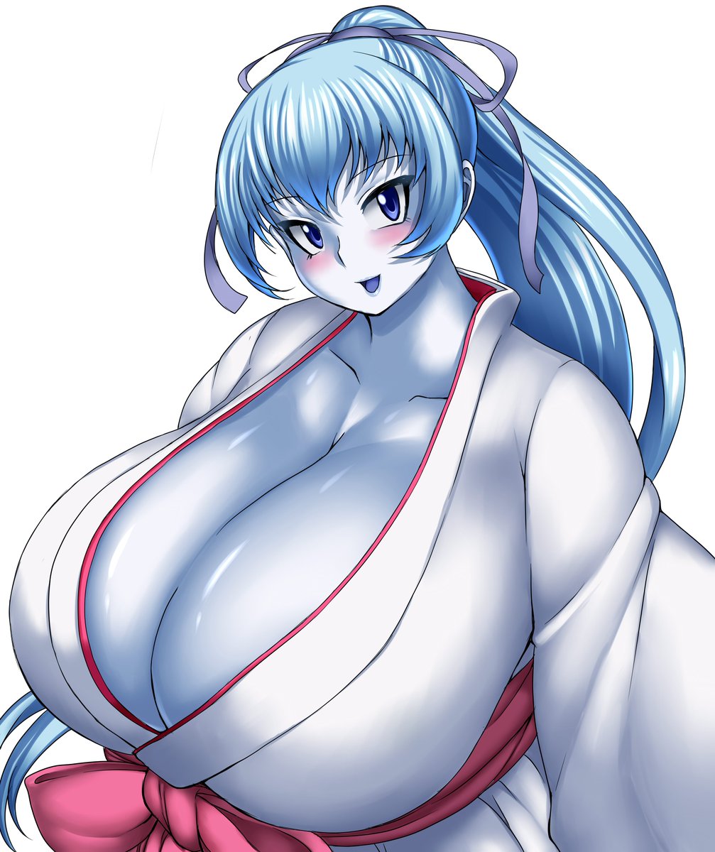 1girl aoi_(gegege_no_kitarou) astraea13 blue_eyes blue_hair blue_skin blush breasts cleavage gegege_no_kitarou gigantic_breasts hair_ribbon long_hair looking_at_viewer open_mouth ribbon smile solo upper_body yuki_onna