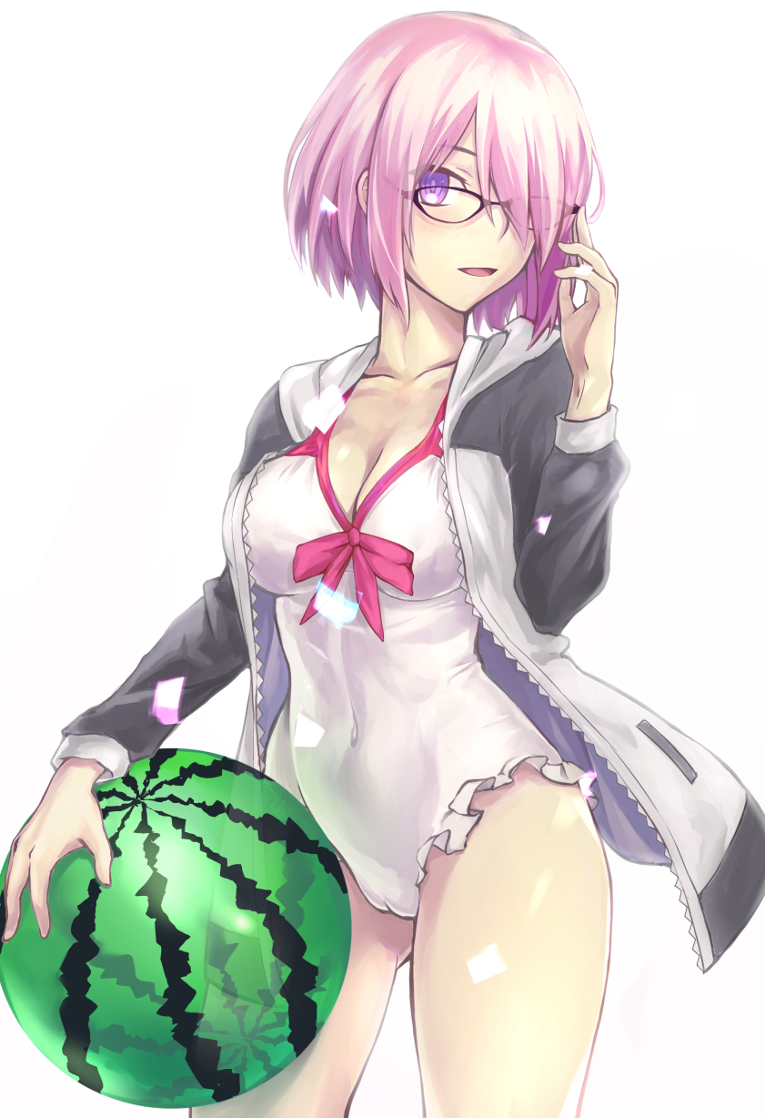 adapted_costume ball beachball bk201 breasts cameltoe cleavage cowboy_shot fate/grand_order fate_(series) food fruit glasses hair_over_one_eye highres jacket looking_at_viewer mash_kyrielight medium_breasts multicolored multicolored_clothes multicolored_jacket open_clothes open_jacket purple_eyes purple_hair short_hair simple_background solo swimsuit swimsuit_of_perpetual_summer watermelon watermelon_beachball white_background white_swimsuit