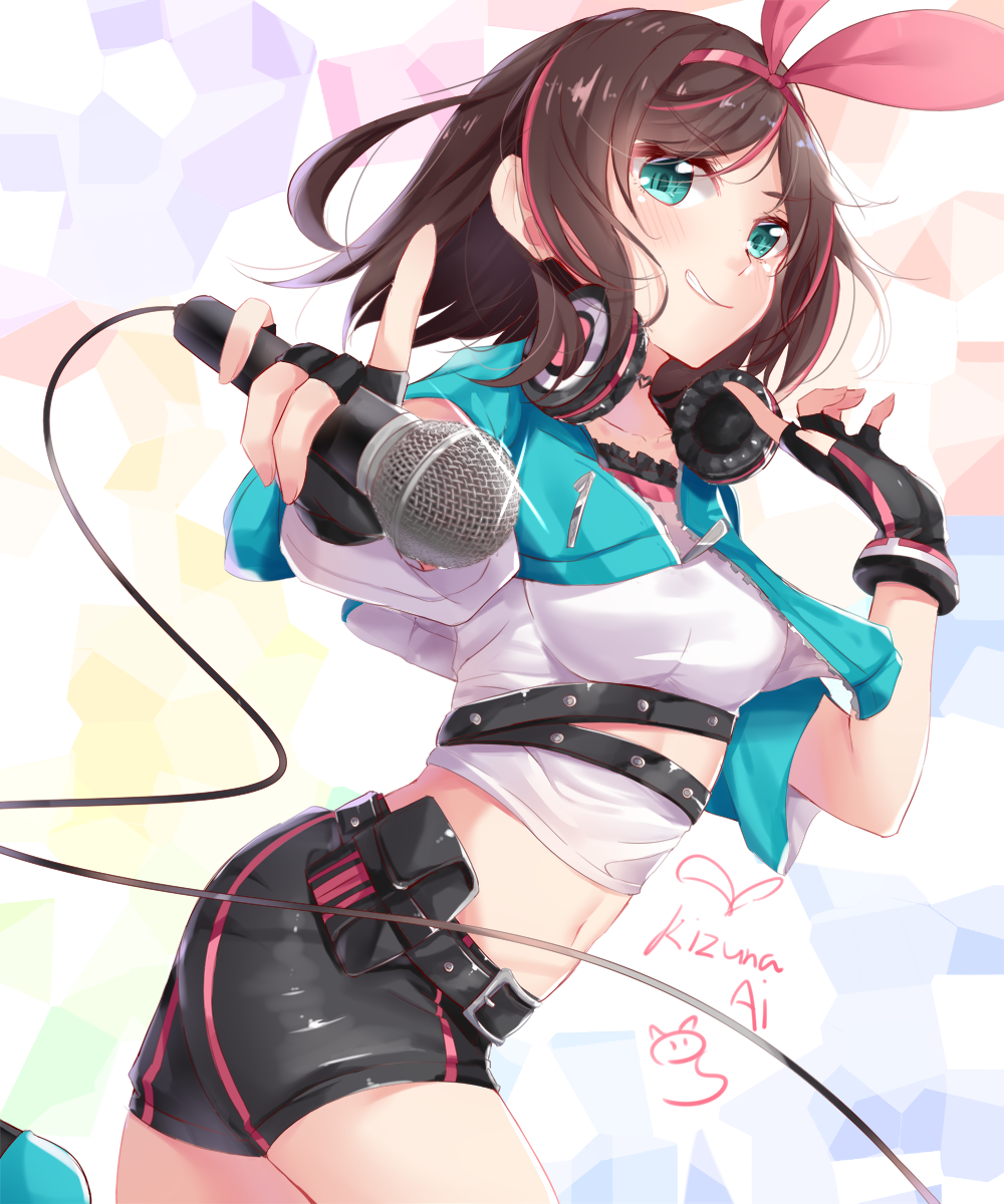 a.i._channel bangs belt belt_buckle black_belt black_gloves black_shorts blue_jacket breasts brown_hair buckle character_name collarbone commentary crop_top eyebrows_visible_through_hair fingerless_gloves gloves green_eyes grin hair_ribbon hand_up headphones headphones_around_neck heart highres holding holding_microphone index_finger_raised jacket kizuna_ai medium_breasts microphone multicolored_hair nahaki navel open_clothes open_jacket parted_bangs pink_hair pink_ribbon ribbon shirt short_hair short_shorts shorts smile smirk solo streaked_hair virtual_youtuber white_shirt