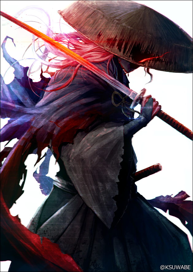 commentary_request fate/grand_order fate_(series) glowing glowing_weapon hakama haori hat hidden_eyes holding holding_sword holding_weapon japanese_clothes kei-suwabe long_hair long_sleeves male_focus okada_izou_(fate) over_shoulder solo sword sword_over_shoulder weapon weapon_over_shoulder white_background wide_sleeves