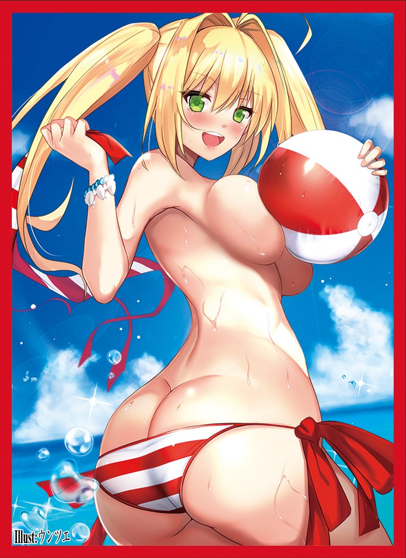 ahoge ass ball bangs beachball bead_bracelet beads bikini bikini_top_removed blonde_hair blue_sky blush border bracelet breasts butt_crack commentary_request day fate/extra fate/grand_order fate_(series) green_eyes hair_between_eyes jewelry large_breasts long_hair looking_at_viewer looking_back nero_claudius_(fate)_(all) nero_claudius_(swimsuit_caster)_(fate) ocean open_mouth red_bikini red_border sky smile solo striped striped_bikini swimsuit topless twintails untsue wet