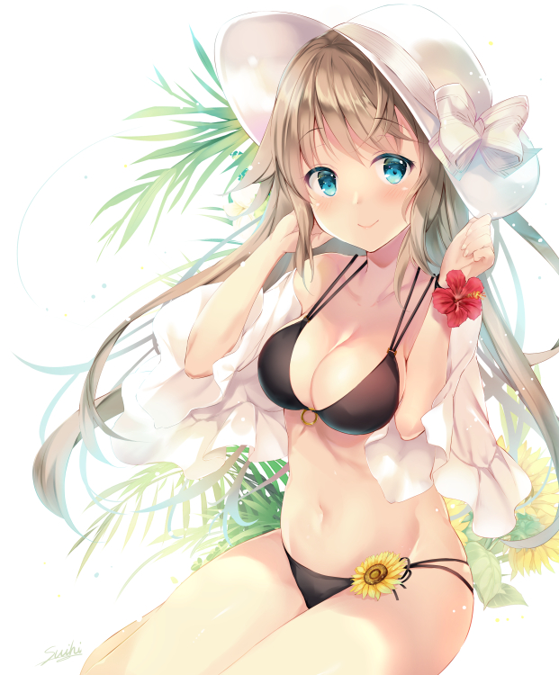 artist_name bangs banned_artist bare_shoulders bikini black_bikini blue_eyes blush bow breasts cleavage closed_mouth collarbone commentary english_commentary eyebrows_visible_through_hair fingernails flower groin hands_up hat hat_bow jacket light_brown_hair long_hair medium_breasts multi-strapped_bikini navel off_shoulder open_clothes open_jacket original red_flower short_sleeves signature sitting smile solo suihi sun_hat sunflower swimsuit very_long_hair white_background white_bow white_hat white_jacket wide_sleeves yellow_flower