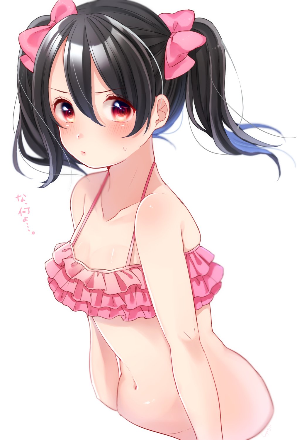 bangs bikini black_hair blush bow collarbone cropped_torso frilled_bikini frills hair_bow halterneck highres looking_at_viewer love_live! love_live!_school_idol_project navel pink_bikini pink_bow pout red_eyes shuga_(0329tixi) simple_background solo sweatdrop swimsuit translated twintails upper_body v-shaped_eyebrows white_background yazawa_nico