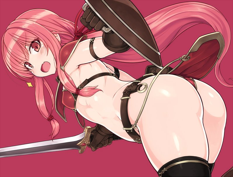 armor ass belt bikini_armor breasts commentary gloves kotonoha_akane long_hair looking_at_viewer null_(nyanpyoun) pauldrons pink_background red_eyes red_hair shield small_breasts solo sword thighhighs tied_hair voiceroid weapon