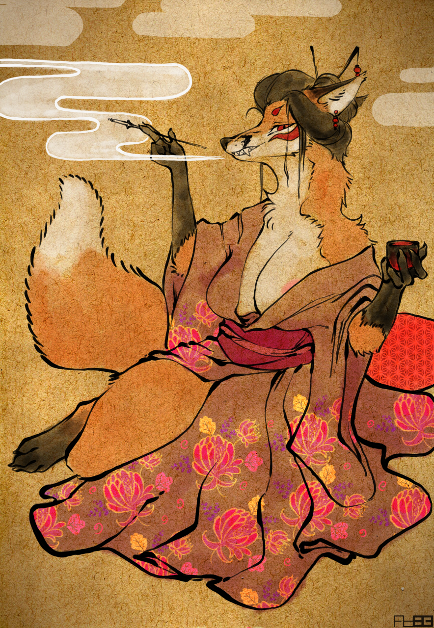 alcohol beverage canine clothing female fox foxboy83 japanese_clothing kimono mammal sake smoking solo