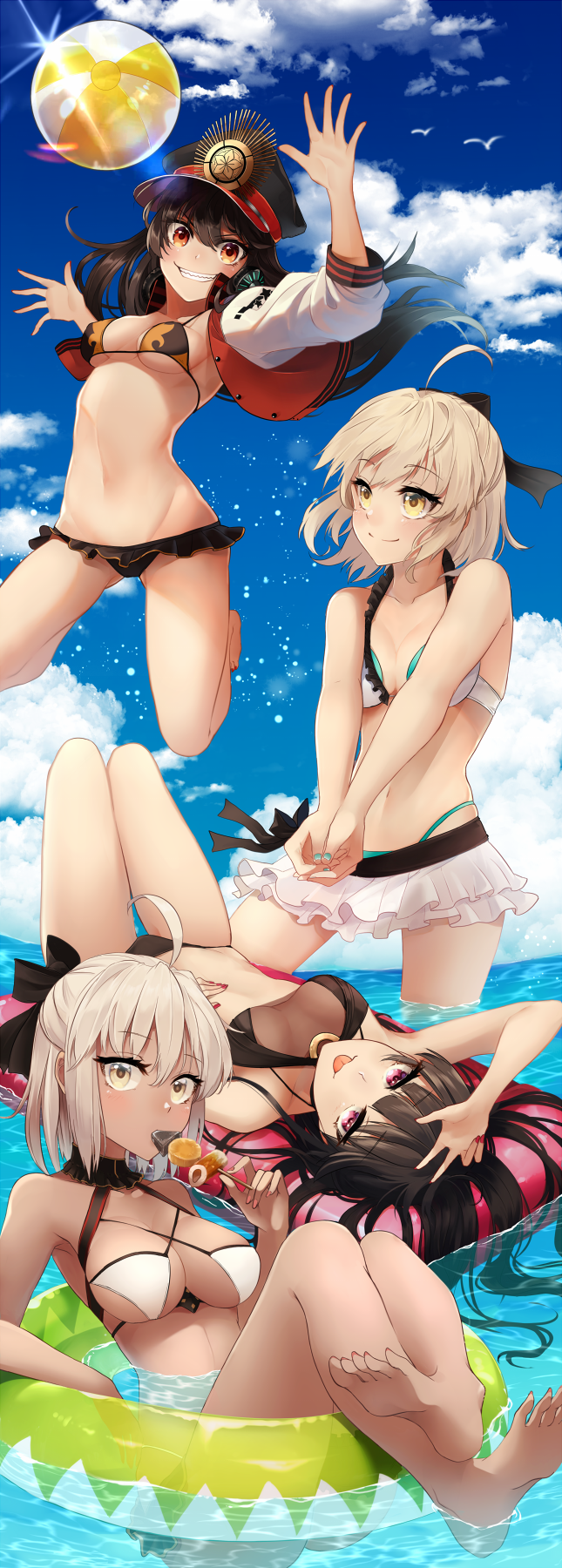 :p ahoge air_mattress aqua_bikini aqua_nails arm_up ball bangs bare_arms bare_shoulders beachball bikini bikini_skirt black_bikini black_bow black_hair black_hat blue_sky blush bow breasts closed_mouth cloud collarbone commentary_request day eating eyebrows_visible_through_hair family_crest fate/grand_order fate_(series) fingernails food grin groin hair_between_eyes hair_bow halter_top halterneck hat headphones headphones_around_neck highres holding holding_food horizon innertube jacket jumping koruta_(nekoimo) large_breasts letterman_jacket light_brown_hair long_hair looking_at_viewer medium_breasts multiple_girls nail_polish navel ocean oda_nobunaga_(fate) oda_nobunaga_(swimsuit_berserker)_(fate) oda_uri oden okita_souji_(alter)_(fate) okita_souji_(fate) okita_souji_(fate)_(all) open_clothes open_jacket oryou_(fate) outdoors peaked_cap pink_nails purple_eyes red_eyes red_jacket see-through sky smile swimsuit toenail_polish toenails tongue tongue_out track_jacket transparent very_long_hair water white_bikini yellow_eyes