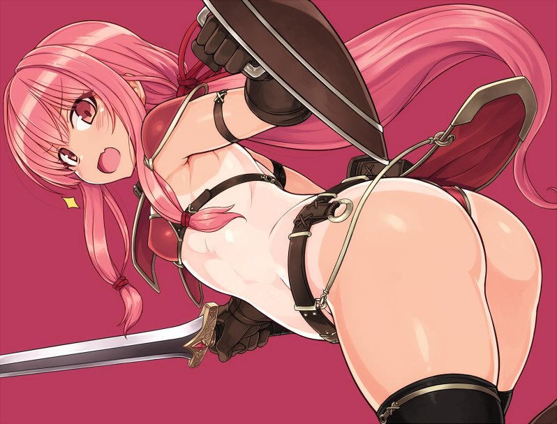 armor ass belt bikini_armor breasts commentary gloves kotonoha_akane long_hair looking_at_viewer null_(nyanpyoun) one-piece_tan pauldrons pink_background red_eyes red_hair shield small_breasts solo sword tan tanline thighhighs tied_hair voiceroid weapon