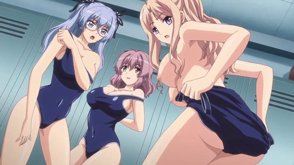 3girls animated animated_gif ass breasts butt_crack gakuen_de_jikan_yo_tomare glasses hair_ribbon huge_ass large_breasts multiple_girls nipples school_swimsuit twintails undressing