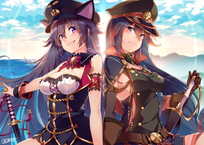 animal_ears belt black_hair breasts brown_gloves cat_ears cuff_links fake_animal_ears formation_girls gloves grin hat holding holding_sword holding_weapon kabou_yomi kasagi_mimi katana kokka_han large_breasts long_hair looking_at_viewer military military_hat military_uniform multiple_girls official_art peaked_cap purple_eyes purple_hair red_eyes sheath sheathed shirt sideboob signature sleeveless sleeveless_shirt smile sword tongue tongue_out uniform upper_body weapon