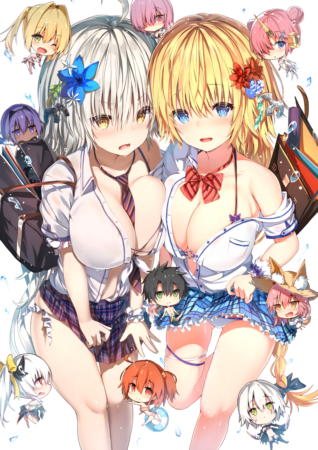6+girls :d :o ;d ahoge bag bangs bare_arms bare_legs bare_shoulders barefoot between_breasts big_head bikini black_bikini black_bow black_hair blonde_hair blue_bikini blue_eyes blue_flower blue_skirt blush bow bowtie braid breasts brilliant_summer brown_eyes caster_(fate/zero) chibi cleavage collarbone collared_shirt commentary_request criss-cross_halter dark_skin diagonal-striped_neckwear diagonal_stripes double_bun dress_shirt eyebrows_visible_through_hair fang fate/grand_order fate/prototype fate/prototype:_fragments_of_blue_and_silver fate/zero fate_(series) flower frankenstein's_monster_(fate) frankenstein's_monster_(swimsuit_saber)_(fate) fujimaru_ritsuka_(female) fujimaru_ritsuka_(male) green_eyes hair_between_eyes hair_bow hair_flower hair_intakes hair_ornament hair_over_one_eye halterneck hassan_of_serenity_(fate) highres horn innertube jack_the_ripper_(fate/apocrypha) jeanne_d'arc_(alter)_(fate) jeanne_d'arc_(fate) jeanne_d'arc_(fate)_(all) kiyohime_(fate/grand_order) large_breasts long_hair looking_at_viewer male_swimwear mash_kyrielight multiple_girls navel necktie necktie_between_breasts nero_claudius_(fate)_(all) nero_claudius_(swimsuit_caster)_(fate) nose_blush one_eye_closed open_clothes open_mouth open_shirt orange_hair parted_lips pink_hair plaid plaid_skirt pleated_skirt ponytail purple_eyes purple_hair purple_neckwear purple_skirt red_eyes red_flower red_neckwear round_teeth school_bag school_uniform see-through shirt side_bun silver_hair simple_background skirt skirt_tug smile standing standing_on_one_leg striped striped_bikini striped_neckwear sune_(mugendai) swim_trunks swimsuit swimwear tamamo_(fate)_(all) tamamo_no_mae_(swimsuit_lancer)_(fate) teeth twintails upper_teeth very_long_hair water_drop white_background white_bikini white_flower white_shirt yellow_bow