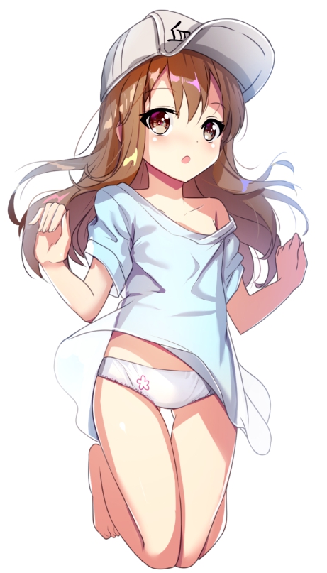 :o bangs bare_legs bare_shoulders barefoot blue_shirt blush brown_eyes brown_hair child collarbone commentary eyebrows_visible_through_hair flat_cap flat_chest grey_hat hair_between_eyes hands_up hat hataraku_saibou long_hair looking_at_viewer off_shoulder open_mouth panties platelet_(hataraku_saibou) revision shirt short_sleeves simple_background solo underwear very_long_hair white_background white_panties yan_(nicknikg)