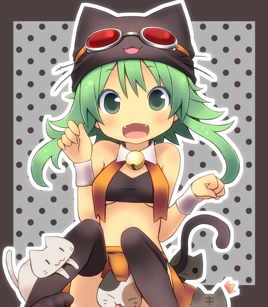 1girl :3 :d animal animal_hat bangs bell black_border black_cat black_legwear border breasts calico cat cat_hat commentary_request convenient_censoring crop_top detached_collar eyebrows_visible_through_hair fangs goggles goggles_on_headwear green_eyes green_hair grey_background grey_cat gumi hat jingle_bell kuro_(kuroneko_no_kanzume) looking_at_viewer midriff neck_bell open_mouth orange_skirt outline paw_pose polka_dot polka_dot_background red_goggles short_hair_with_long_locks sitting skirt small_breasts smile solo thighhighs underboob vocaloid white_outline wristband