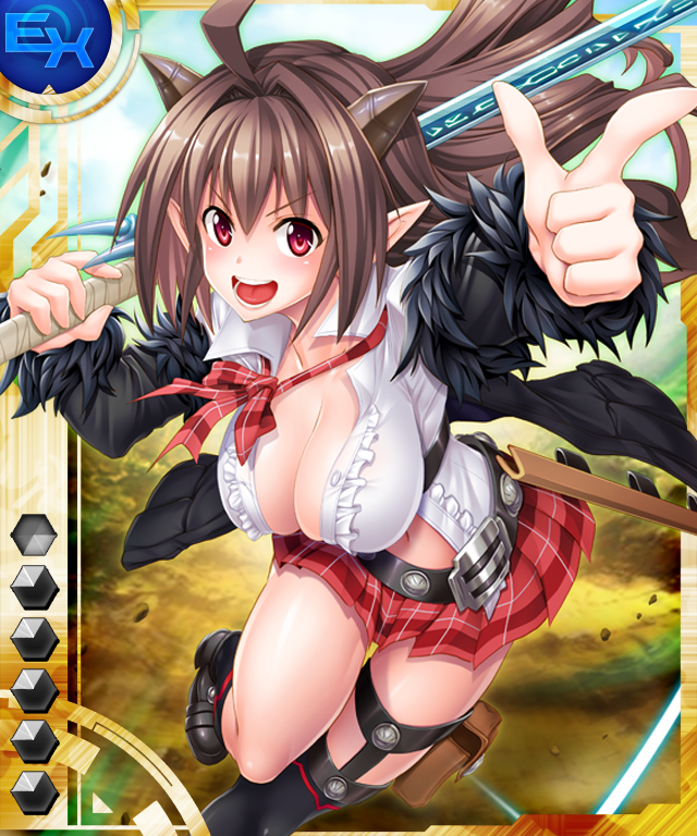 1girl ahoge asahi breasts brown_hair card_(medium) cleavage curvy female full_body horns large_breasts long_hair looking_at_viewer no_bra open_mouth pointy_ears red_eyes rina_(taimanin_asagi) shiny shiny_skin skirt sky smile solo sword taimanin_(series) taimanin_asagi taimanin_asagi_battle_arena taimanin_asagi_battle_arena_all_card_gallery weapon