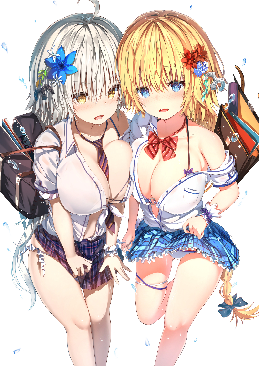 :d ahoge alternate_costume ass_visible_through_thighs asymmetrical_docking bag bangs bare_shoulders between_breasts bikini bikini_under_clothes blonde_hair blue_bow blue_eyes blue_flower blue_skirt blush bow bow_bikini bowtie braid breast_pocket breast_press breasts brown_eyes buttons caster_(fate/zero) cleavage collarbone collared_shirt covering covering_crotch diagonal-striped_neckwear diagonal_stripes dress_shirt embarrassed eyebrows_visible_through_hair fate/grand_order fate_(series) feet_out_of_frame flower front-tie_top hair_between_eyes hair_bow hair_flower hair_ornament head_tilt highres jeanne_d'arc_(alter)_(fate) jeanne_d'arc_(fate) jeanne_d'arc_(fate)_(all) large_breasts leg_up lifted_by_self long_hair looking_at_viewer miniskirt multiple_girls navel necktie necktie_between_breasts nose_blush o-ring o-ring_bikini o-ring_top off_shoulder open_clothes open_mouth open_shirt plaid plaid_skirt pleated_skirt pocket purple_bow purple_neckwear purple_skirt red_flower red_neckwear round_teeth school_bag school_uniform shirt short_hair short_sleeves shoulder_bag side-tie_bikini silver_hair simple_background single_braid skirt skirt_lift skirt_tug smile standing standing_on_one_leg stomach striped striped_neckwear sune_(mugendai) swimsuit teeth unbuttoned unbuttoned_shirt upper_teeth very_long_hair water_drop white_background white_bikini white_flower white_shirt yellow_eyes