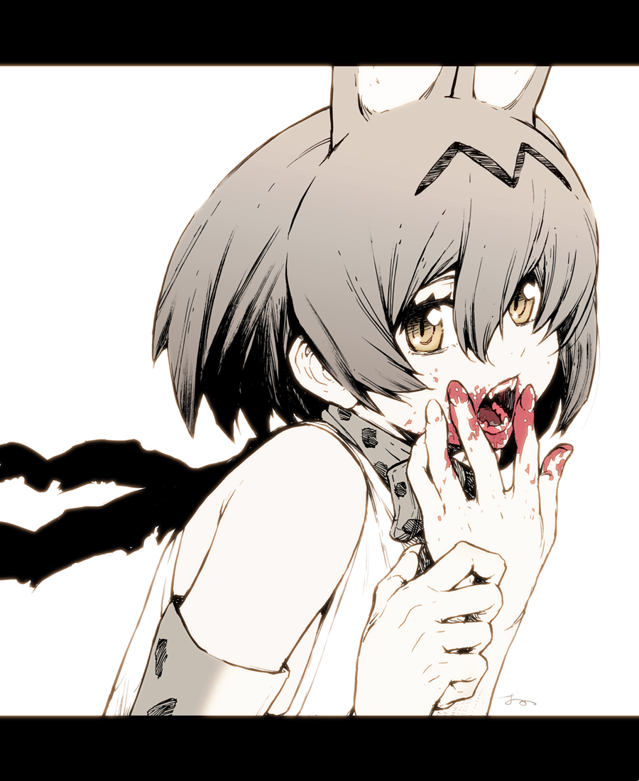 animal_ears bare_shoulders blood blood_on_face blood_on_fingers bow bowtie extra_ears fangs from_side greyscale hair_between_eyes hand_to_own_mouth kemono_friends letterboxed line_shading looking_at_viewer monochrome oono_tsutomu open_mouth serval_(kemono_friends) serval_ears serval_print shirt short_hair simple_background sleeveless sleeveless_shirt solo spot_color upper_body visible_ears white_background white_shirt yellow_eyes