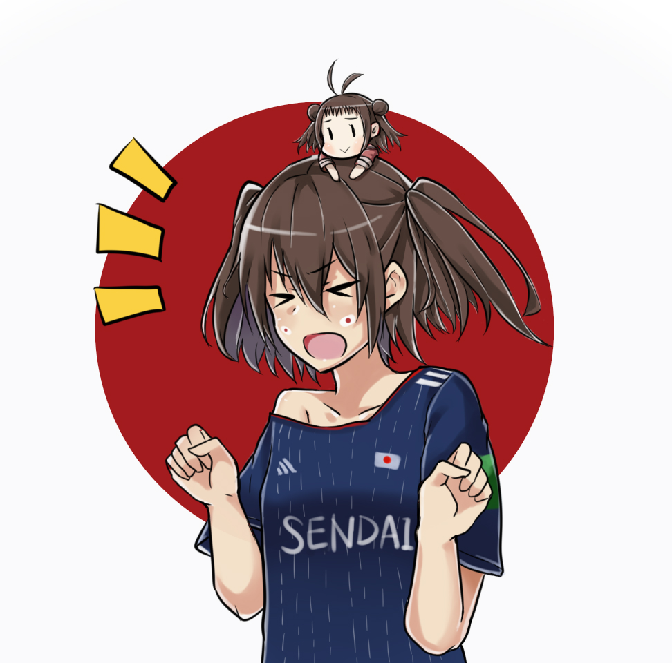 2girls adidas alternate_costume blue_shirt brown_hair chibi chibi_on_head closed_eyes commentary_request facepaint japan japanese_flag kantai_collection kuroinu9 miniskirt multiple_girls naka_(kantai_collection) off_shoulder on_head open_mouth person_on_head sendai_(kantai_collection) shirt skirt soccer soccer_uniform solo_focus sportswear striped striped_shirt two_side_up upper_body w_arms world_cup