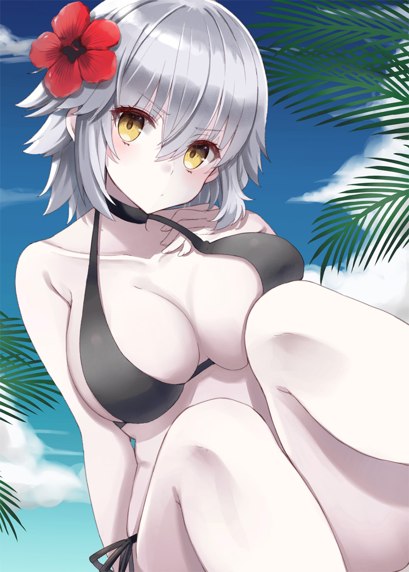 ahoge bangs bare_shoulders bikini black_bikini blue_sky blush breasts cleavage closed_mouth collarbone commentary day fate/grand_order fate_(series) flower hair_between_eyes hair_flower hair_ornament head_tilt jeanne_d'arc_(alter)_(fate) jeanne_d'arc_(fate)_(all) knees_up large_breasts looking_at_viewer pale_skin palm_tree short_hair silver_hair sitting sky solo swimsuit tree yellow_eyes yuzu-aki
