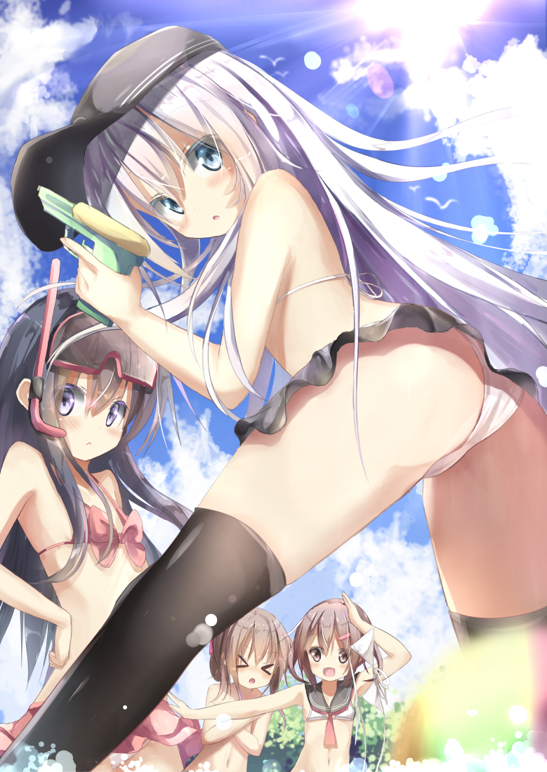 &gt;_&lt; :d :o akatsuki_(kantai_collection) ass bangs bare_arms bare_shoulders bikini bikini_top bikini_top_removed black_hat black_legwear black_sailor_collar blue_eyes blue_sky blurry blurry_foreground blush bow brown_eyes brown_hair closed_eyes cloud cloudy_sky commentary_request covering covering_breasts day depth_of_field diving_mask diving_mask_on_head eyebrows_visible_through_hair fingernails flat_cap folded_ponytail front-tie_bikini front-tie_top hair_between_eyes hair_ornament hairclip hand_on_hip hat hibiki_(kantai_collection) holding ikazuchi_(kantai_collection) inazuma_(kantai_collection) kantai_collection leaning_forward long_hair multiple_girls na!?_(naxtuyasai) navel neckerchief open_mouth outdoors outstretched_arm parted_lips pink_bikini pink_bow purple_eyes purple_hair red_neckwear sailor_collar silver_hair sky smile snorkel sun sunlight swimsuit thighhighs topless untied untied_bikini very_long_hair water water_gun white_bikini white_bikini_top