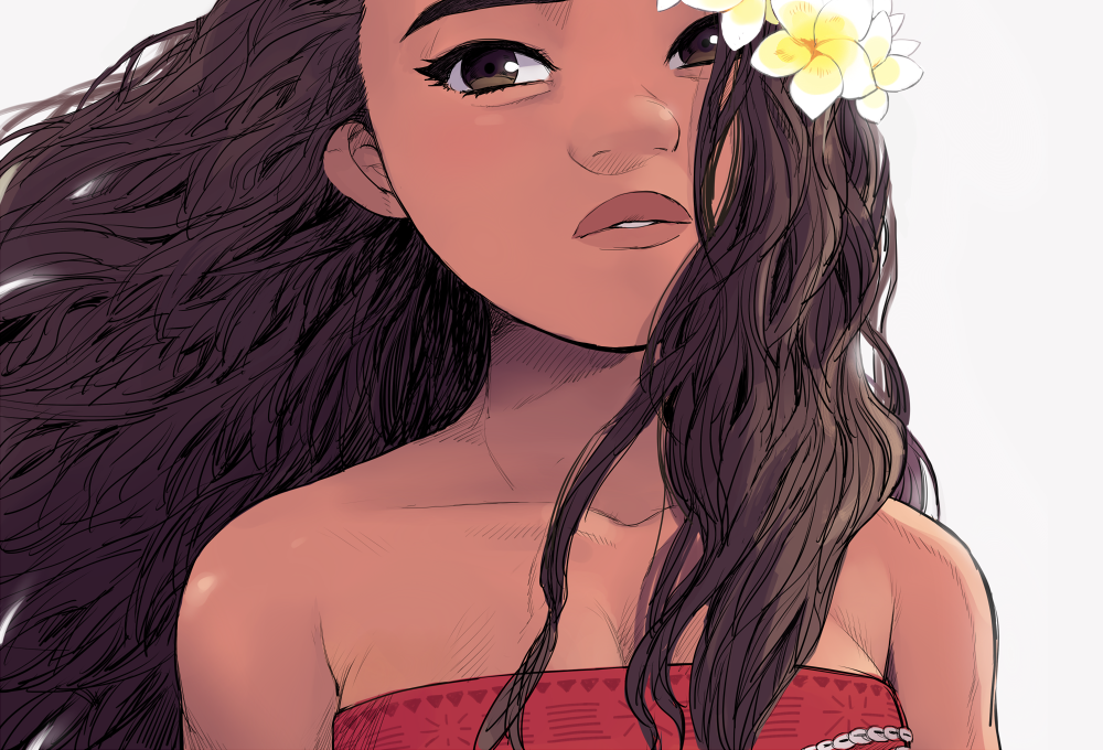 bare_shoulders brown_eyes brown_hair close-up curly_hair dark_skin disney expressionless eyebrows face floating_hair flower grey_background hair_flower hair_ornament long_hair looking_at_viewer moana_(movie) moana_waialiki pano_(mohayayamai) plumeria simple_background solo tank_top teeth upper_body white_flower wind wind_lift yellow_flower