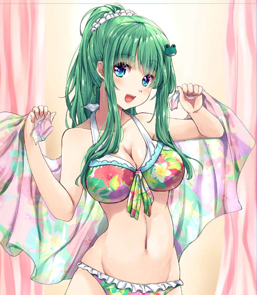 alternate_hairstyle bangs bikini blue_eyes breasts cleavage commentary_request eyebrows_visible_through_hair floral_print frilled_bikini frills frog_hair_ornament front-tie_bikini front-tie_top fule green_hair hair_ornament hair_up head_tilt holding holding_towel kochiya_sanae large_breasts long_hair looking_at_viewer multicolored multicolored_bikini multicolored_clothes navel open_mouth ponytail print_bikini scrunchie sidelocks smile solo standing swimsuit touhou towel upper_body white_scrunchie