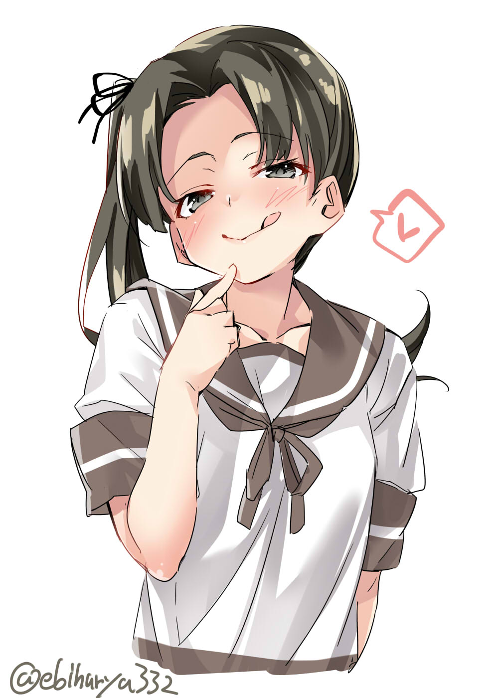 ayanami_(kantai_collection) blush brown_eyes brown_hair closed_mouth commentary ebifurya eyebrows_visible_through_hair heart highres kantai_collection long_hair looking_at_viewer neckerchief sailor_collar school_uniform serafuku short_sleeves side_ponytail simple_background solo tongue tongue_out white_background