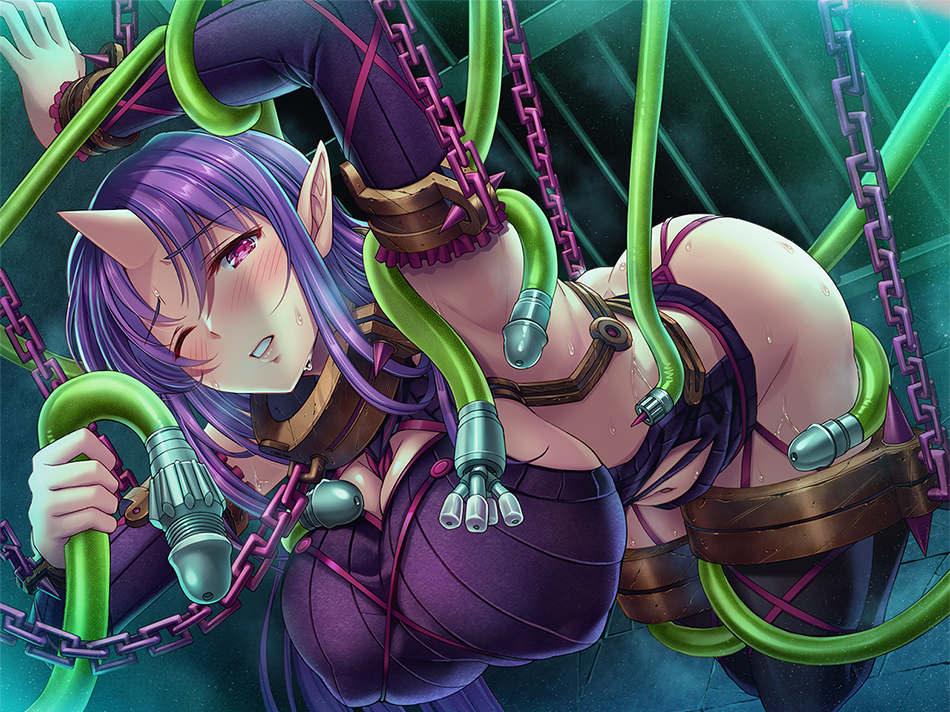1girl ass bdsm blush bondage bondage_clothes bound breasts chains curvy demon_girl embarrassed female heavy_breathing horn huge_ass huge_breasts licking lilith-soft long_hair moaning nimie nipples puffy_nipples purple_hair saijou_satoru shiny shiny_skin sitting solo sweat sweater taimanin_(series) taimanin_asagi taimanin_asagi_battle_arena underwear