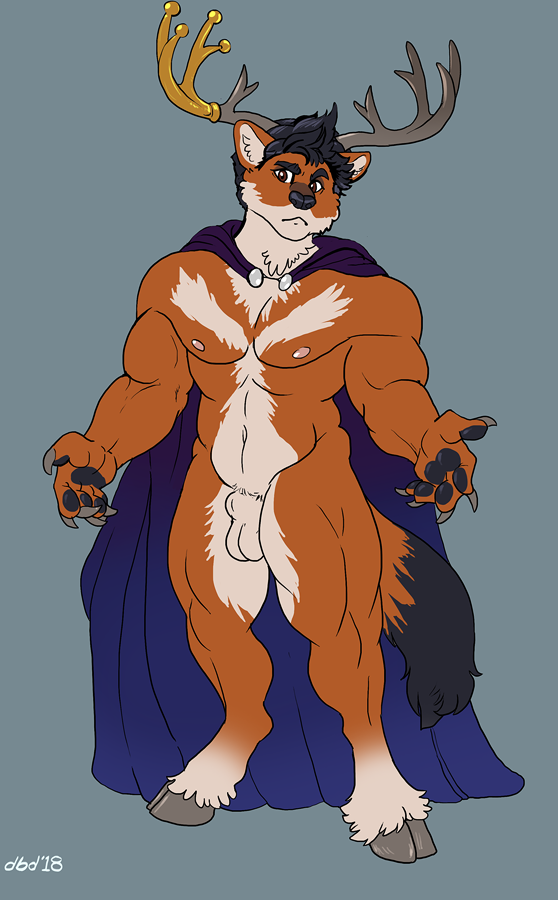 animal_genitalia anthro antlers balls canine cape cervine clothing dbd horn hybrid male mammal muscular muscular_male navel pecs sheath simple_background solo standing