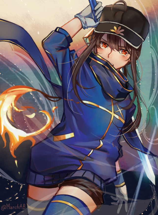 ahoge arm_up artoria_pendragon_(all) black_hat black_shorts blue_legwear blue_scarf blue_sweater brown_hair cosplay cowboy_shot dutch_angle fate/grand_order fate_(series) gloves grey_gloves hair_between_eyes hat holding holding_sword holding_weapon long_hair looking_at_viewer male_focus marchab_66 mysterious_heroine_x mysterious_heroine_x_(cosplay) oda_nobukatsu_(fate/grand_order) red_eyes scarf short_shorts shorts solo standing sweater sword thighhighs twintails weapon