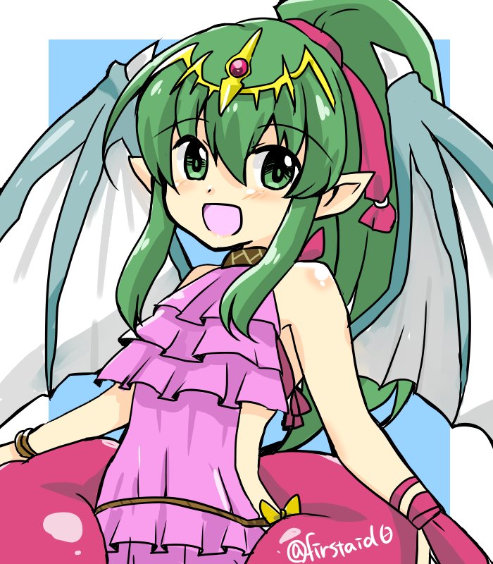 bare_shoulders bracelet chiki commentary_request dragon_wings fire_emblem fire_emblem:_monshou_no_nazo fire_emblem_heroes green_eyes green_hair jewelry long_hair mamkute open_mouth pink_swimsuit pointy_ears ponytail red_ribbon ribbon solo swimsuit twitter_username wings yukia_(firstaid0)