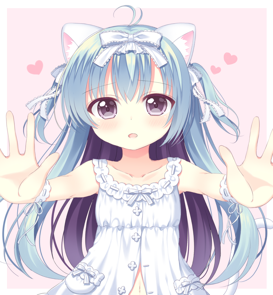 animal_ears antenna_hair bangs blue_hair bow brown_eyes cat_ears cat_girl cat_tail collarbone dress eyebrows_visible_through_hair hair_between_eyes hair_bow heart navel original outstretched_arms pink_background ribbon_trim riria_(happy_strawberry) sleeveless sleeveless_dress solo tail tail_raised two-tone_background two_side_up white_background white_bow white_dress wrist_cuffs