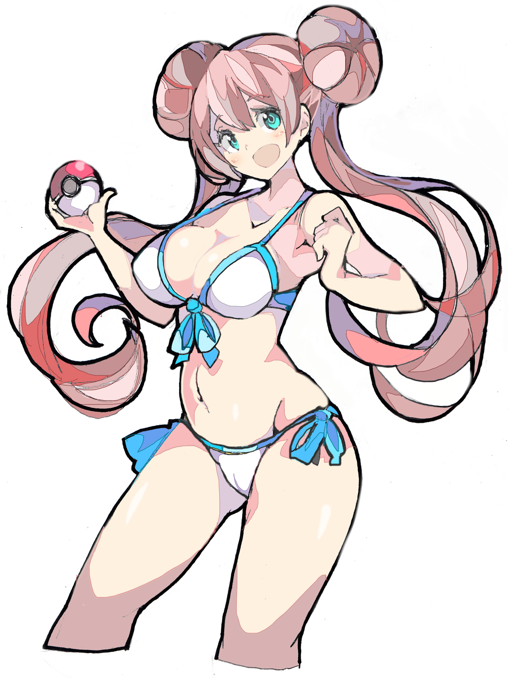 alternate_costume bikini breasts brown_hair commentary double_bun enpe green_eyes headgear_removed highres large_breasts long_hair mei_(pokemon) poke_ball pokemon pokemon_(game) pokemon_bw2 swimsuit twintails very_long_hair
