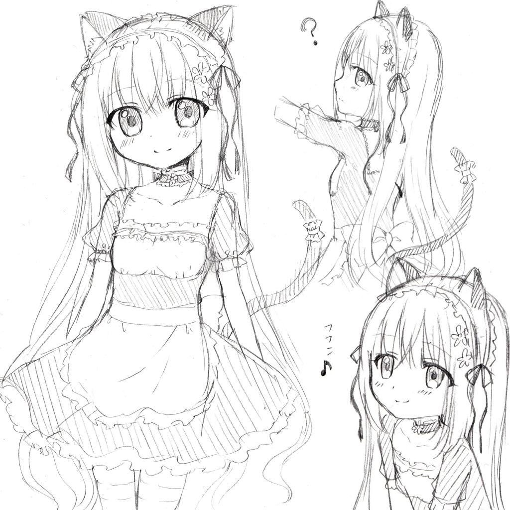 ? animal_ears apron blush cat_ears cat_girl cat_tail choker closed_mouth collarbone dress eighth_note flower frilled_apron frills greyscale hair_flower hair_ornament hair_ribbon long_hair maid monochrome multiple_views musical_note original puffy_short_sleeves puffy_sleeves ribbon riria_(happy_strawberry) short_sleeves sidelocks simple_background sketch smile tail thighhighs translated very_long_hair waist_apron white_background