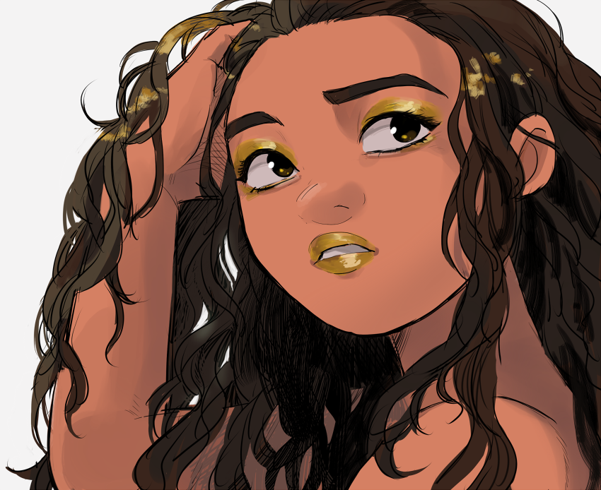 brown_eyes brown_hair close-up curly_hair dark_skin disney expressionless eyeshadow face gloves grey_background hand_in_hair lipstick long_hair looking_away looking_up makeup moana_(movie) moana_waialiki pano_(mohayayamai) simple_background solo upper_body yellow_lipstick